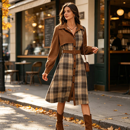 🍂👗 Női Retró Kockás Gombos Ruha – Öves Derék, Galléros Nyak & Vintage Irodai Elegancia