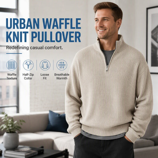 🧶 Waffle Comfort, könnyű rétegezés | Férfi relaxed félcipzáras pulóver