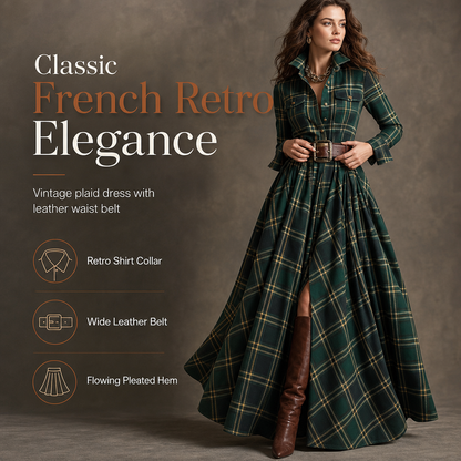 Plus Size Női Francia Vintage Kockás Ruha Szabálytalan Szegéllyel és Karcsúsító Dizájnnal