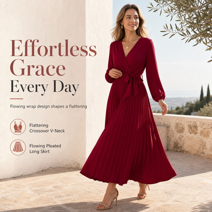 👗✨Női elegáns, keresztbe futó V-kivágású, pliszírozott maxiruha✨