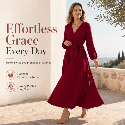 👗✨Női elegáns, keresztbe futó V-kivágású, pliszírozott maxiruha✨