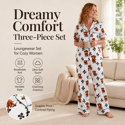 Női Highland Cow mintás 3 részes pizsamaszett 🐮 | Kényelmes loungewear és hálóruha | Ingyenes szállítás 🚚✨