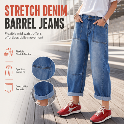 Női Plus Size Rugalmas Farmer Nadrág Közepes Derékbőség Cropped Hordó Szárú Farmernadrág Felhajtott Szegéllyel és Varrott Folt Zsebekkel