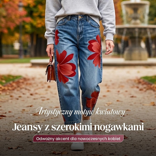 👖Dżinsy damskie z szerokimi nogawkami w kwiatowy wzór